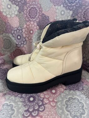Guess Cream Puffer Ankle Boots with Black Lug Sole